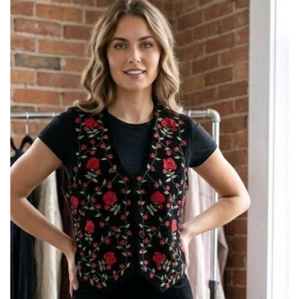 Vintage Chrysantheme Velvet 100% Cotton Embroidered Rose Vest L Boho Coquette